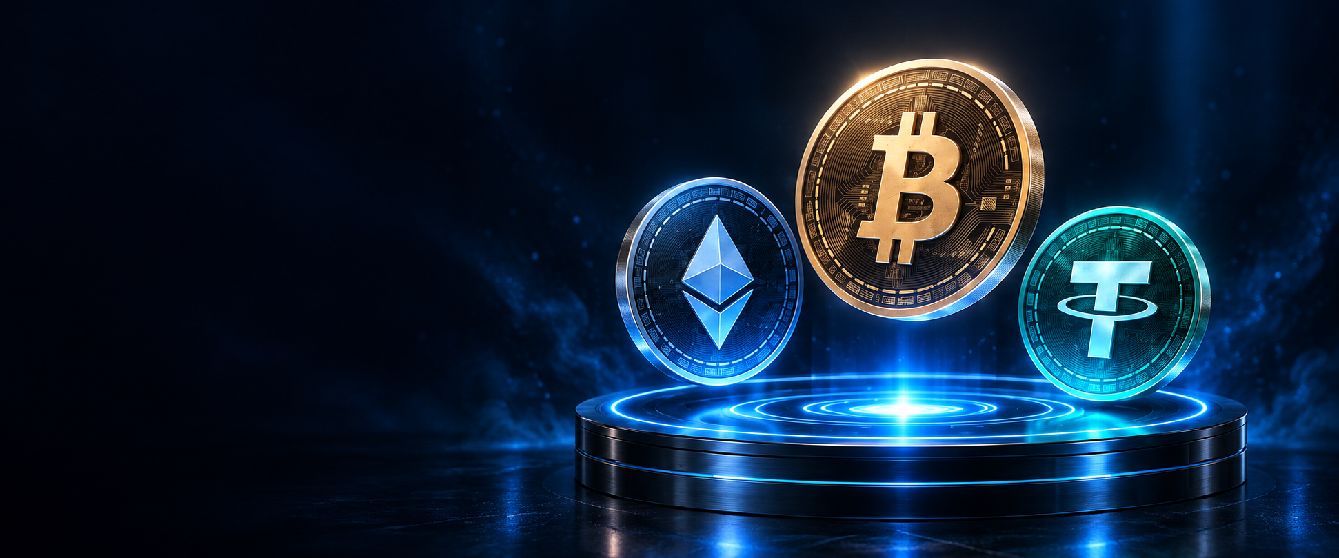 青く光る台座の上に浮かぶBitcoin、Ethereum、Tetherのコイン